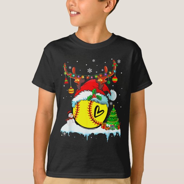 Funny Softball Christmas Reindeer Santa Hat Lights T-Shirt (Vorderseite)