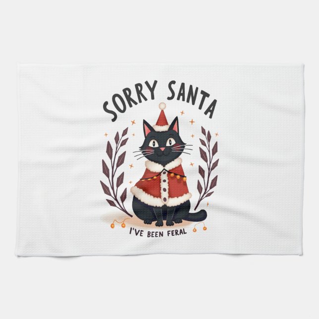 Funny Sorry Santa I've Been Feral Black Cat Christ Geschirrtuch (Horizontal)