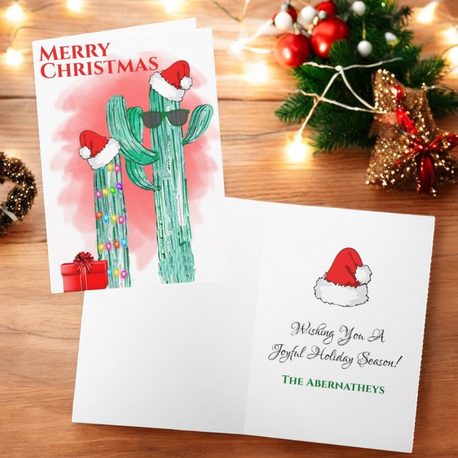 Funny Southwest Cactus Weihnachtsmannmützen Custom Feiertagskarte (Christmas folding greeting card cover and inside template text)