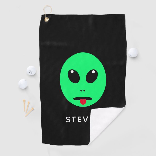 Funny Space Aliens Head Black Green Personalisiert Golfhandtuch (Insitu)
