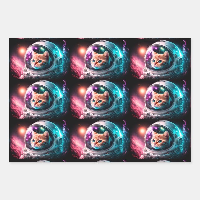 Funny Space Cat Astronaut Kitty Galaxy Universe Geschenkpapier Set (Vorderseite)