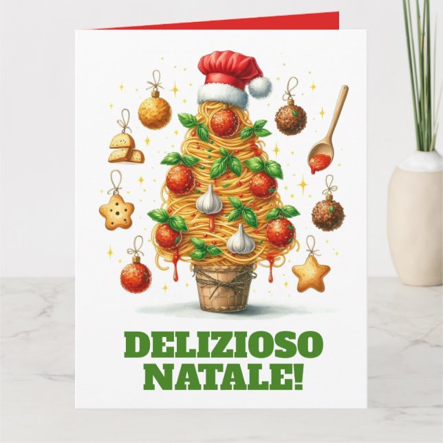 Funny Spaghetti Weihnachtsbaum Delizioso Natale! Karte (Vorderseite)