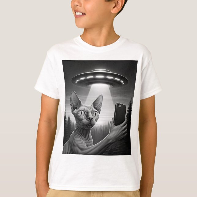 Funny Sphynx Cat Selfie Ufo Alien Area51 Boy's T-Shirt (Vorderseite)