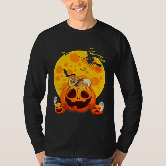 Funny Spitz Dog Pumpkin Hexenhut T-Shirt (Vorderseite)