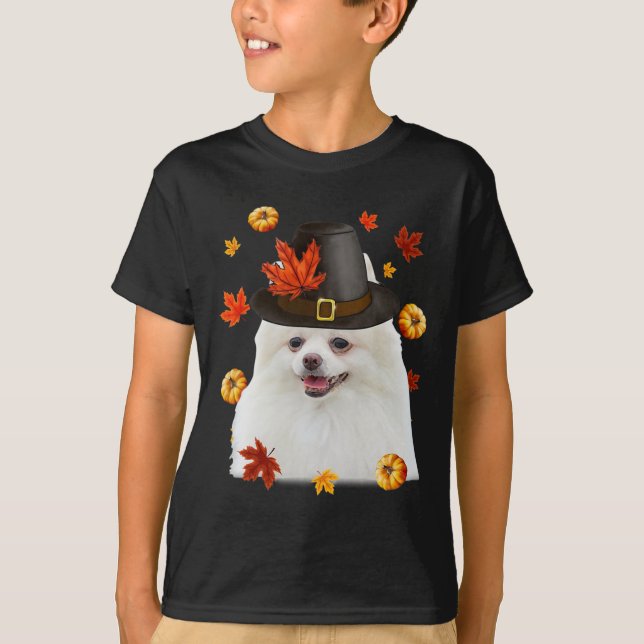 Funny Spitz Hund Pilgrim Hat Fall glücklich Danke T-Shirt (Vorderseite)