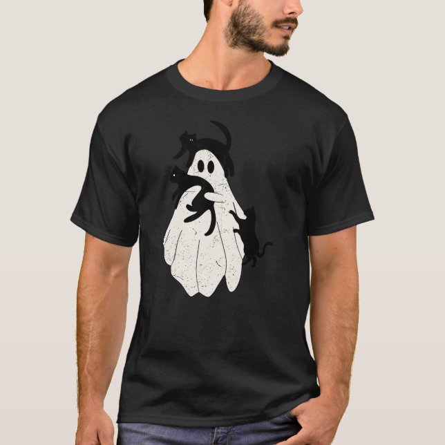 Funny Spooky Ghost Hold Black Cat Halloween Men Wo T-Shirt (Vorderseite)