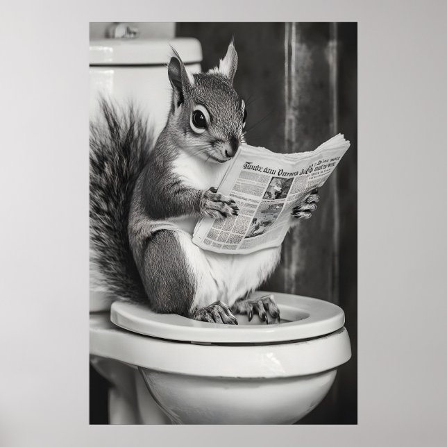 Funny Squirrel Bathroom Print, Reading Newspaper Poster (Vorne)