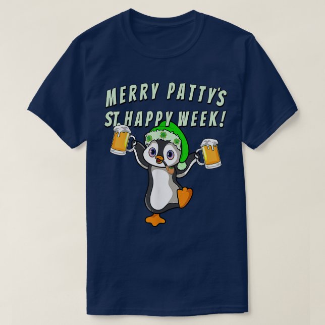 Funny St Patricks Day Party Pinguin Drinks T-Shirt (Design vorne)
