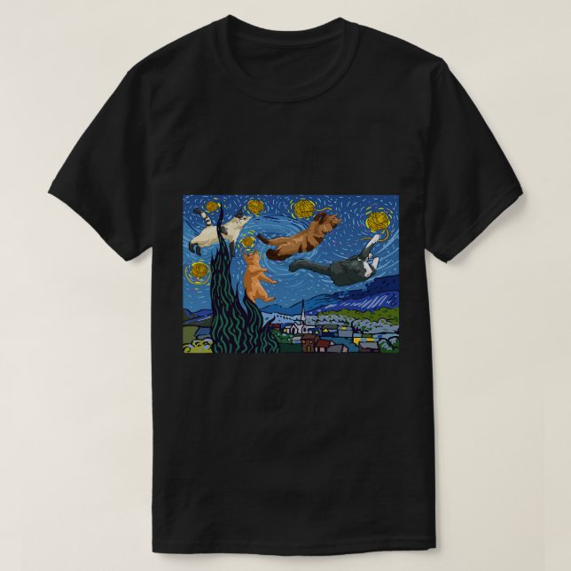 Funny Starry Night Cat Niedlich Art Paint für Katz T-Shirt (Design vorne)