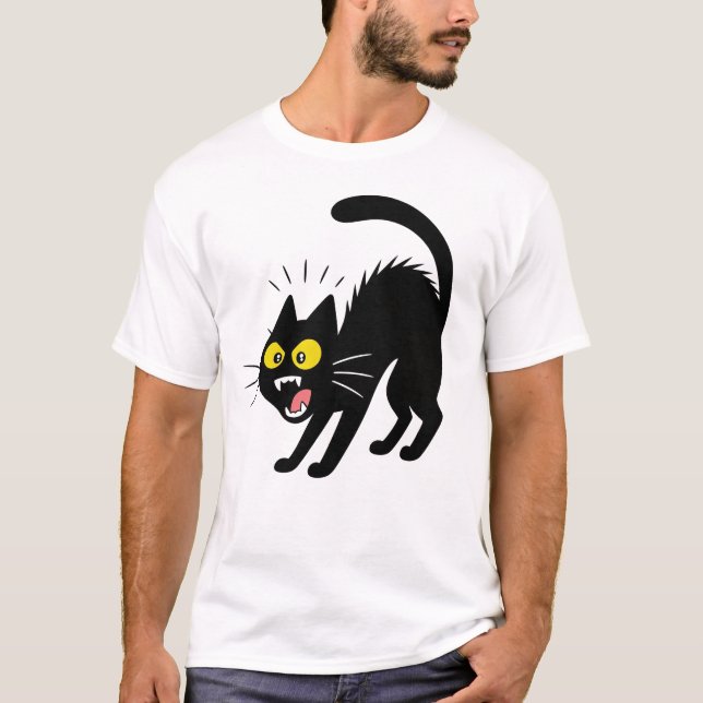 Funny Startled Black Cat Cartoon Illustration T-Shirt (Vorderseite)