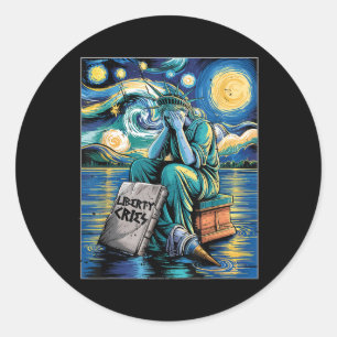 Funny Statue of Liberty Cries, Van Gogh Starry Nig Runder Aufkleber