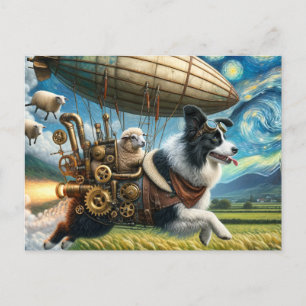 Funny Steampunk Border Collie with Sheep and Blimp Postkarte