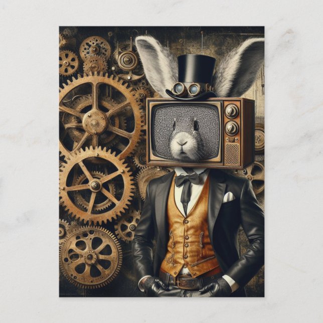 Funny Steampunk Rabbit mit TV Head Postkarte (Vorderseite)