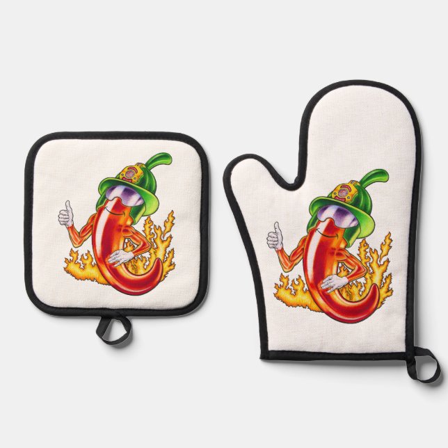Funny Stolz Feuerwehrmann Chili on Fire gibt Thumb Ofenhandschuh & Topflappen-Set (Vorderseite)
