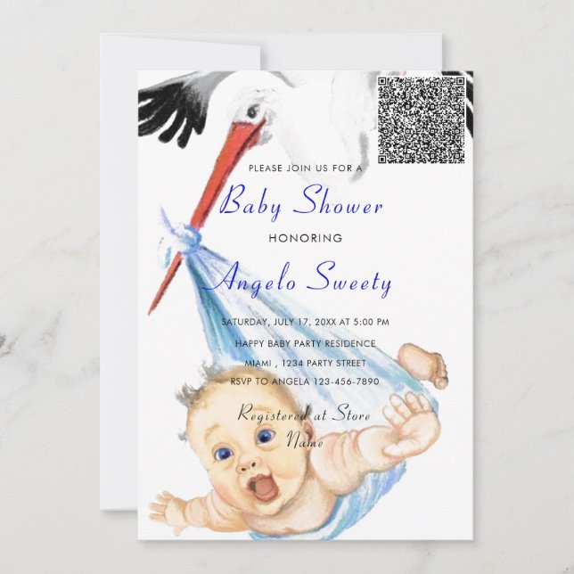 Funny Stork Baby Shower Einladung mit QR Code (Vorderseite)