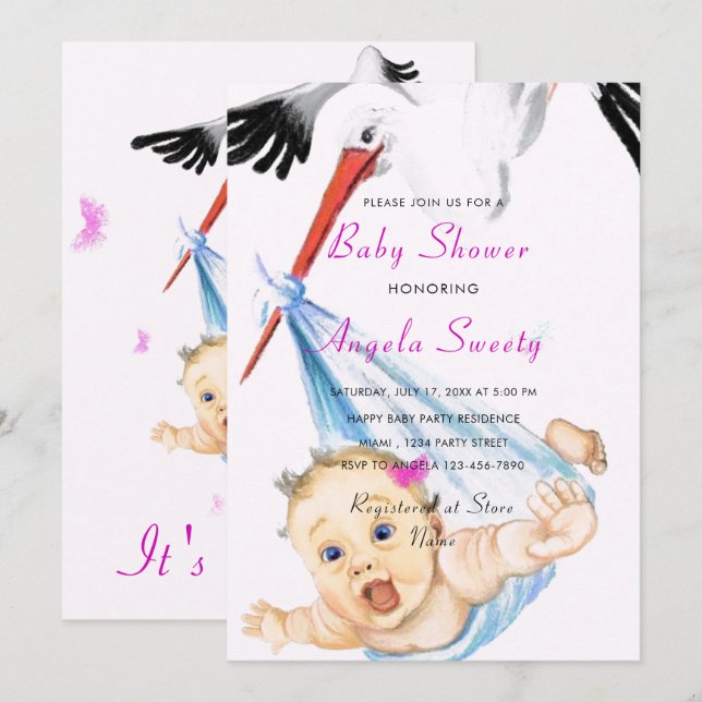Funny Stork Carry Baby Girl Shower Einladung (Vorne/Hinten)