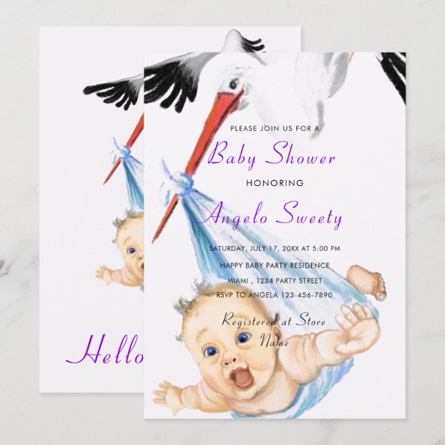 Funny Stork Carry Baby Shower Einladung (Vorne/Hinten)