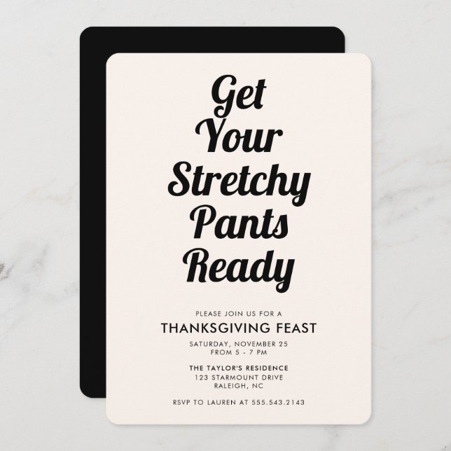Funny Stretchy Pants Erntedank Dinner Black Einladung (Vorne/Hinten)