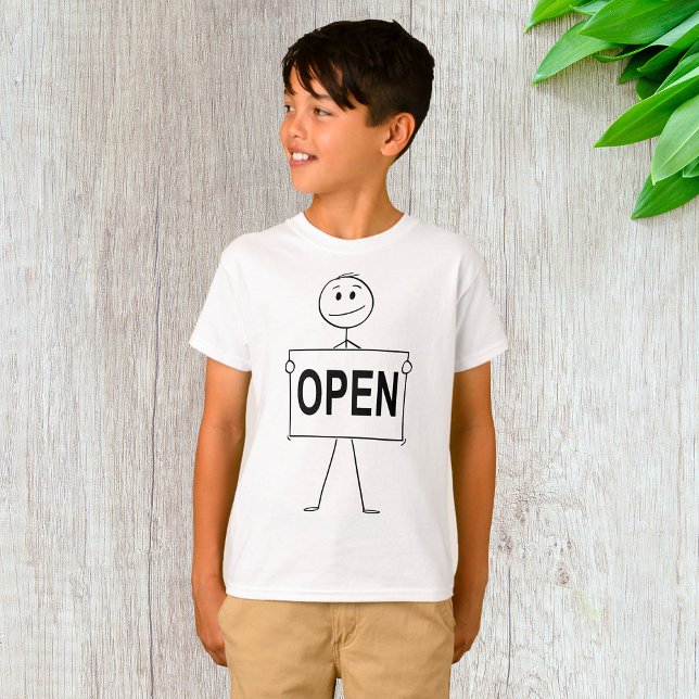 Funny Strichmännchen Holding Open Sign T-Shirt (Von Creator hochgeladen)