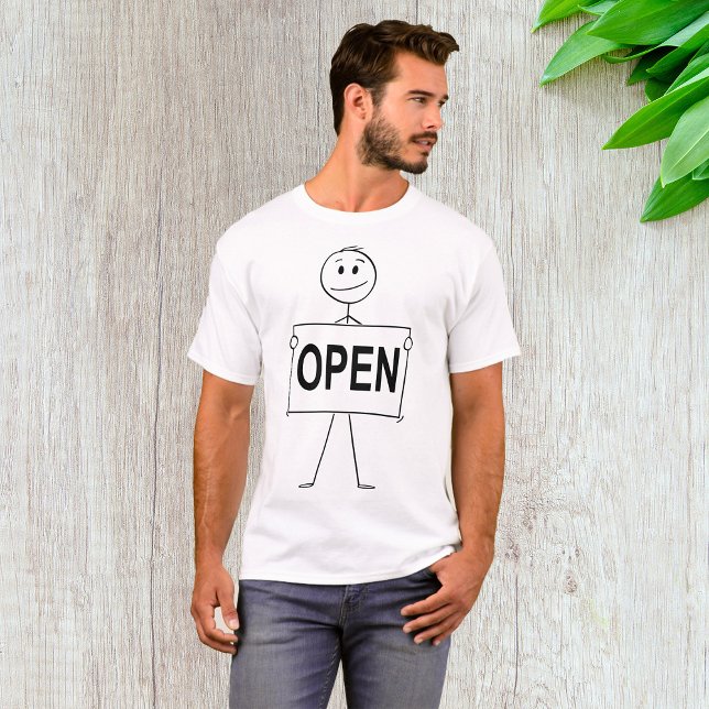 Funny Strichmännchen Holding Open Sign T-Shirt (Von Creator hochgeladen)