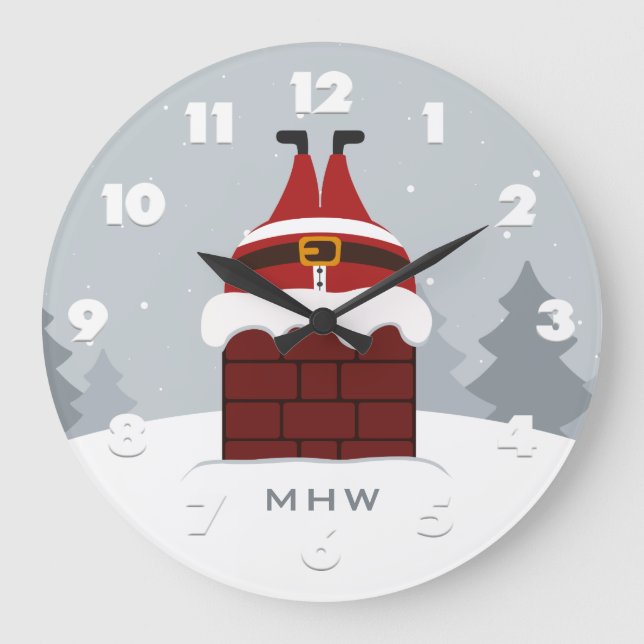 Funny Stuck Santa benutzerdefinierte Monogramm Wan Große Wanduhr (Vorderseite)