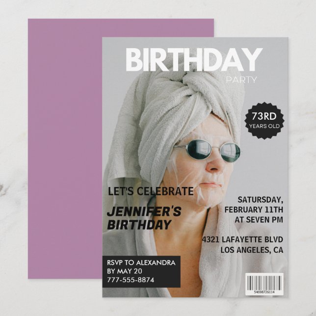 Funny Stylish Foto Magazine 73. Geburtstag Einladung (Vorne/Hinten)