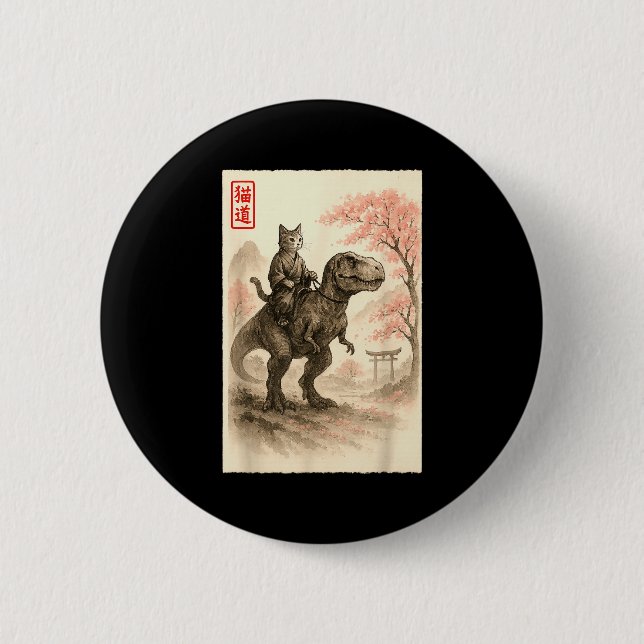 Funny Sumi-e Kawaii Cat Riding Dinosaur Japanese A Button (Vorderseite)