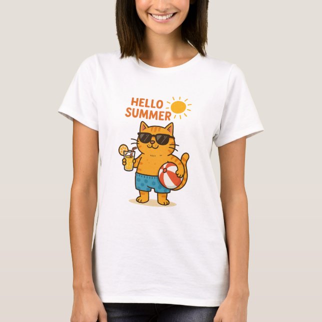 Funny Summer Cat T - Shirt - Hello Summer Beach Vi (Vorderseite)