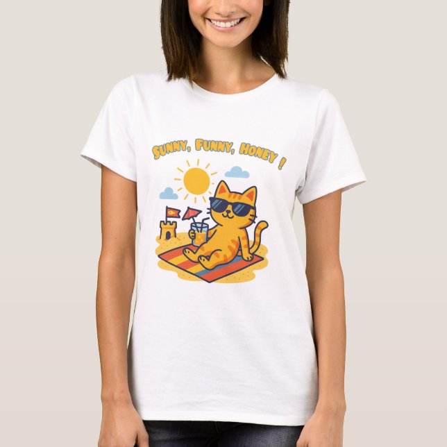 Funny Summer Cat T-Shirt – "Sunny, Funny, Honey!" (Vorderseite)