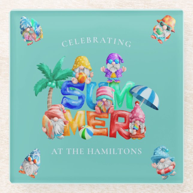 Funny Summer Gnomes Wassercolor Glasuntersetzer (Vorderseite)