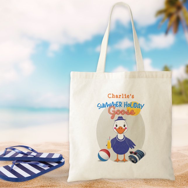 Funny Summer Holiday Albern Goose Retro Design Tragetasche (A fun tote bag with a Summer Holiday Goose design, personalized with a name)