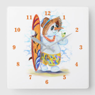 Funny Summer Snowman Surfer Drinks Fresh Cocktail Quadratische Wanduhr