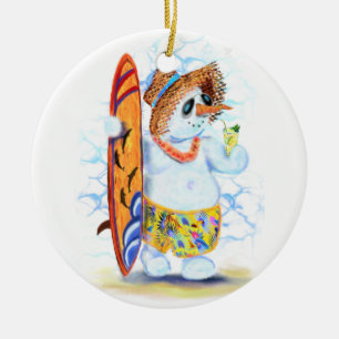 Funny Summer Snowman Surfer Drinks Frische Cocktai Keramik Ornament