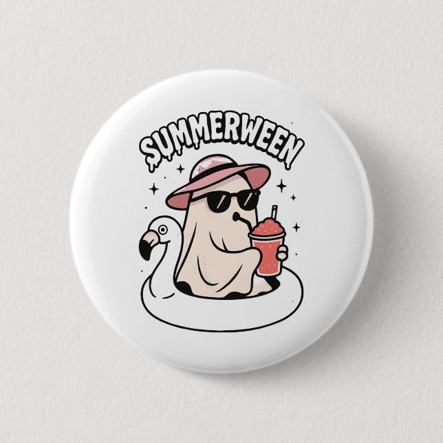 Funny Summerween Ghost Pink schweben in Flamingo C Button (Vorderseite)