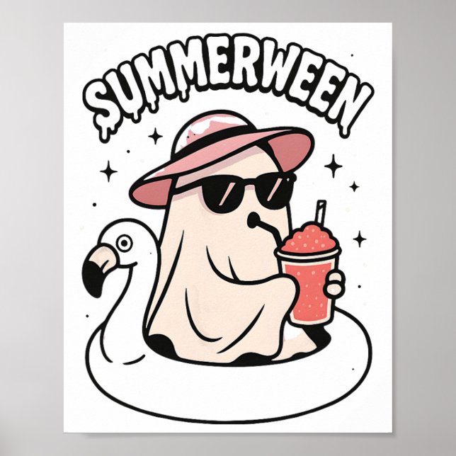 Funny Summerween Ghost Pink schweben in Flamingo C Poster (Vorne)