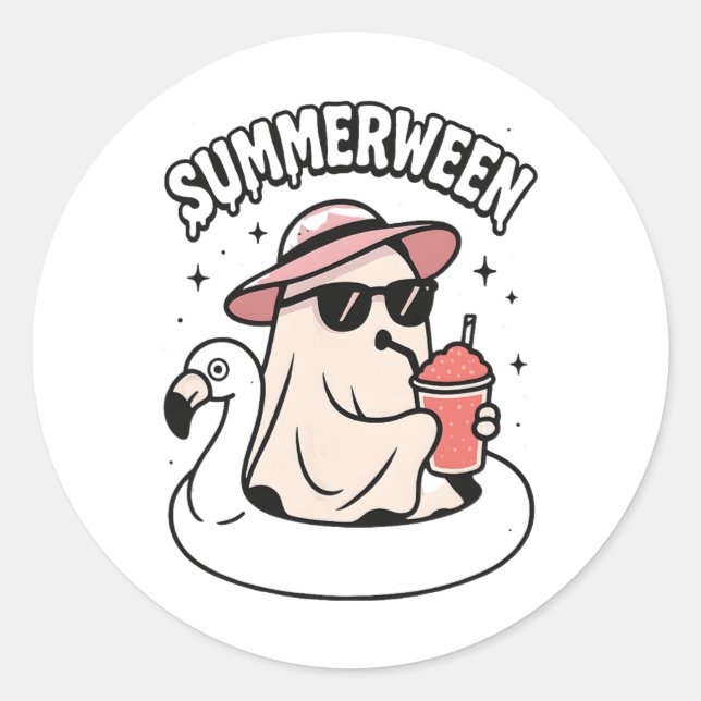 Funny Summerween Ghost Pink schweben in Flamingo C Runder Aufkleber (Vorderseite)