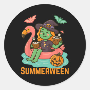 Funny Summerween Niedliche Hexe in Flamingo G Runder Aufkleber