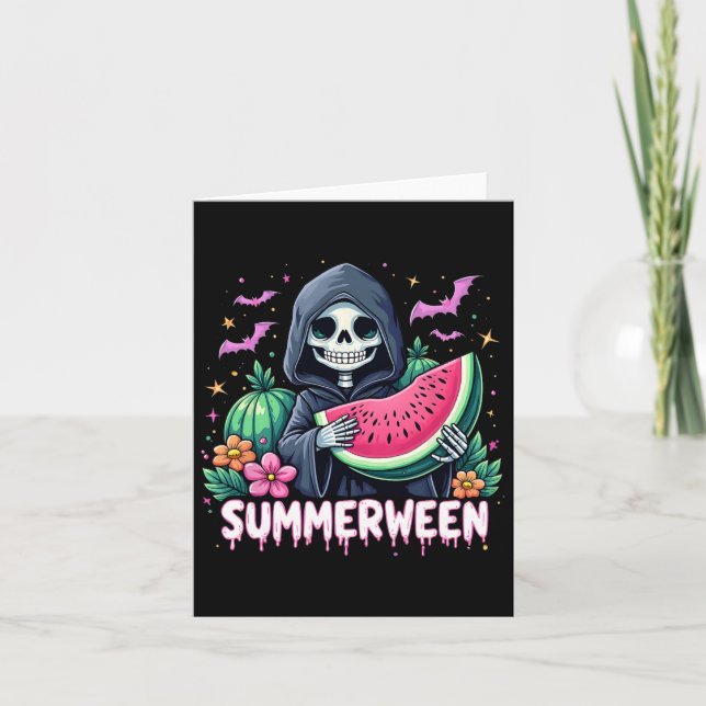 Funny Summerween Skeleton Watermelon Halloween Art Karte (Vorderseite)