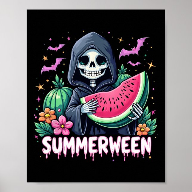 Funny Summerween Skeleton Watermelon Halloween Art Poster (Vorne)