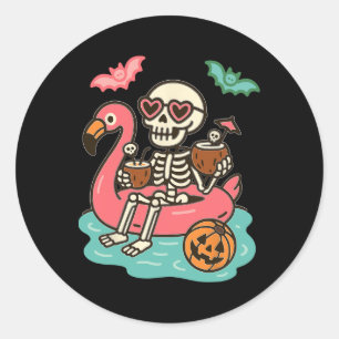 Funny Summerween Skelett schweben in Flamingo Cut Runder Aufkleber