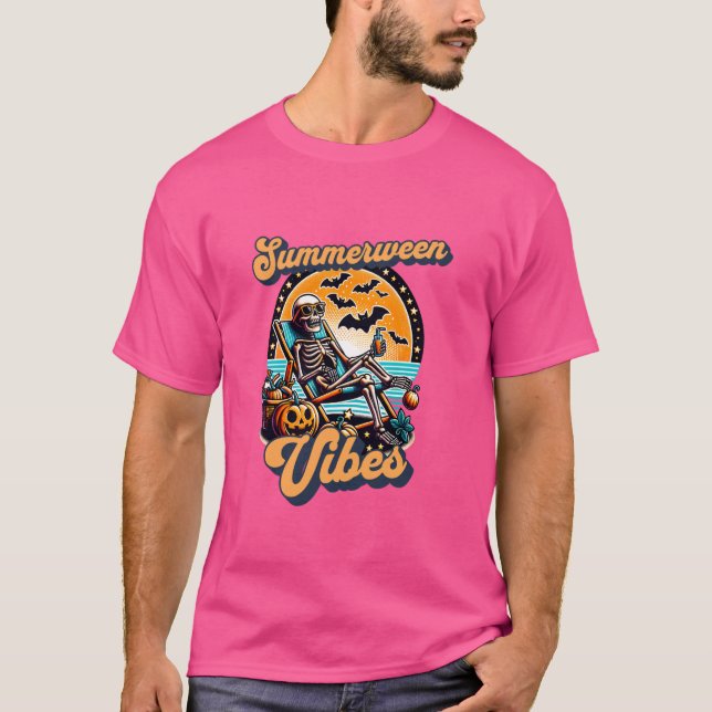 Funny Summerween Vibes Summer Skeleton Beach Chill T-Shirt (Vorderseite)