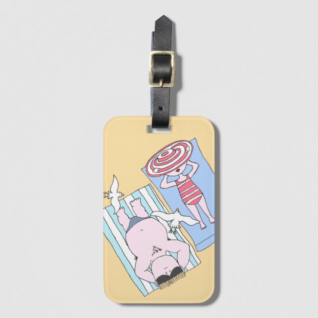 Funny Sunbaden Couple Cartoon Seaside Art Gepäckanhänger (Vorderseite Vertikal)