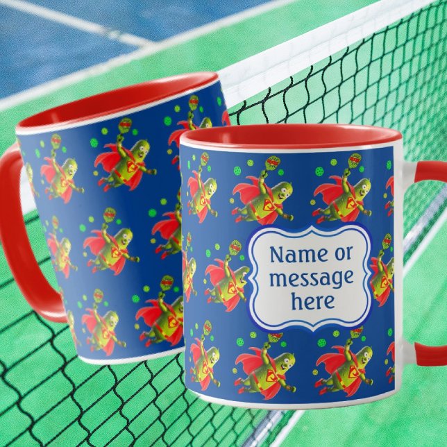 Funny Super Pickleman auf Blue Personalisiert Tasse (Super Pickle People fly around this cute funny mug, personalize with name or message!)