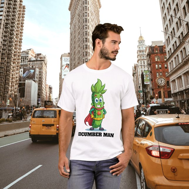 Funny Superhero Cucumber Pickle Man T-Shirt (Funny cucumber man/boy superhero character t-shirt design front view.)