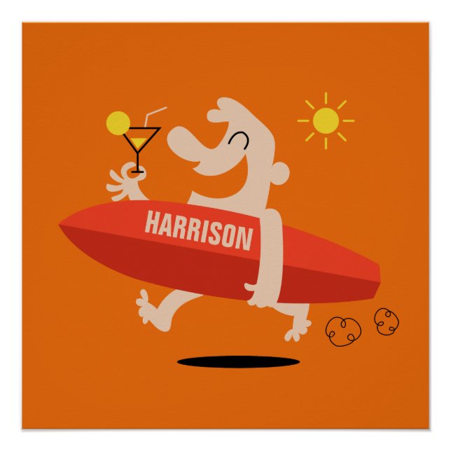Funny Surfen mit Cocktail individuelle Name Poster (Vorderseite)