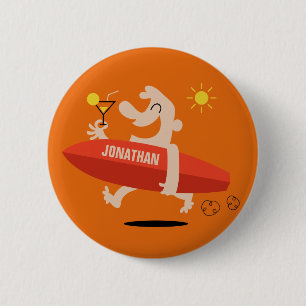 Funny Surfer mit Cocktail individuelle Name Tasten Button