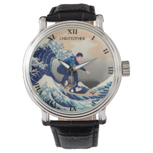 Funny Surfer Surfen auf der Hokusai Große Welle Armbanduhr