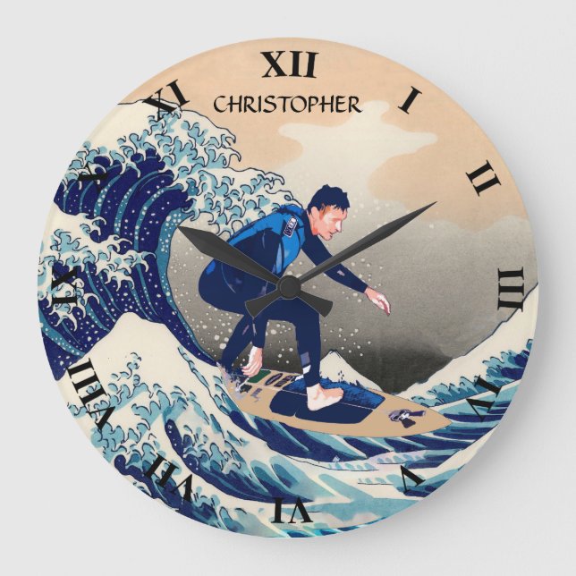 Funny Surfer Surfen auf der Hokusai Große Welle Große Wanduhr