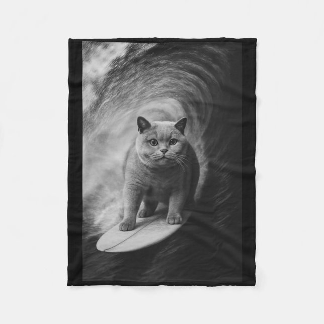 Funny Surfing British Shorthair Cat Selfie Beach A Fleecedecke (Vorderseite)