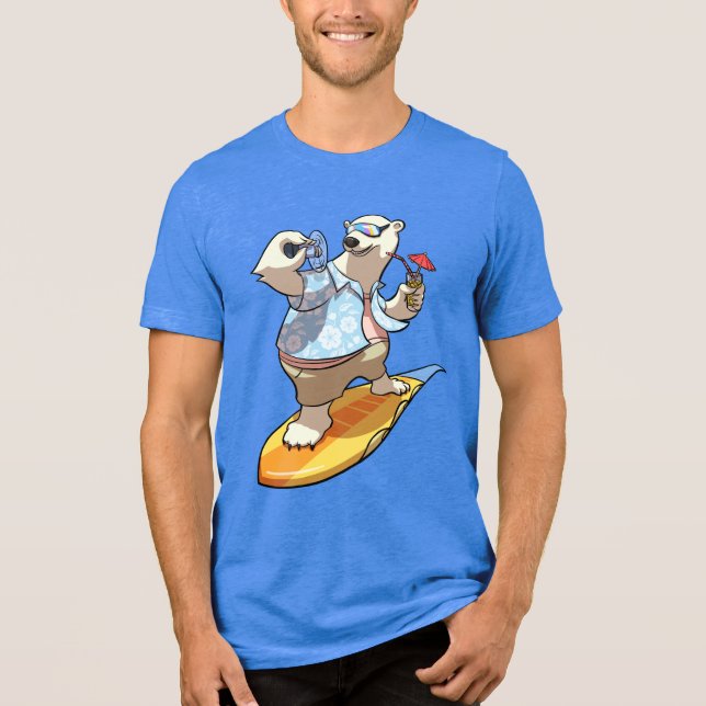 Funny Surfing Polar Bear Cocktail & Fan Cartoon Tri-Blend Shirt (Vorderseite)
